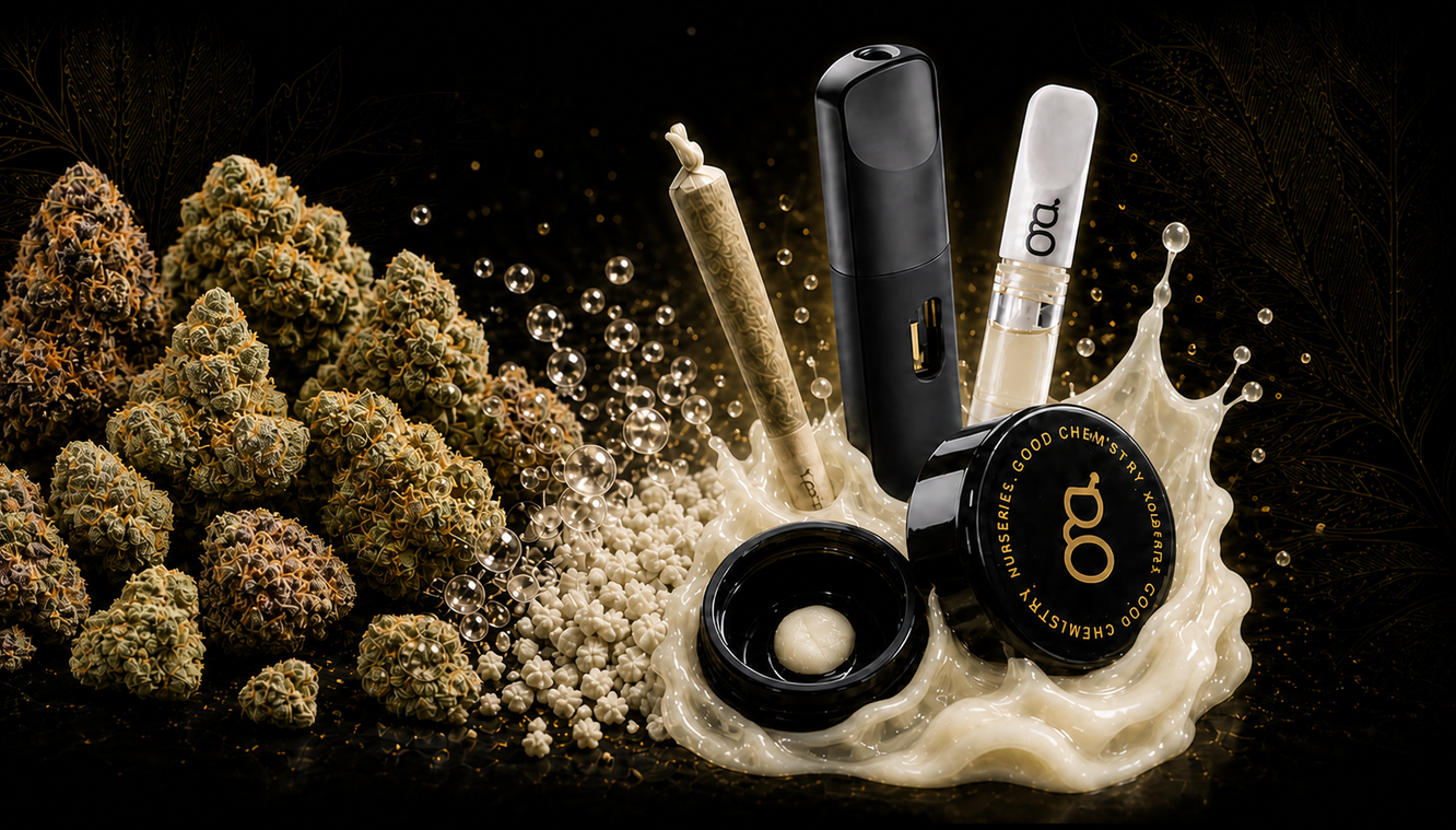 Flower, ice water, hash and live rosin flowing into Good Chemistry live rosin products