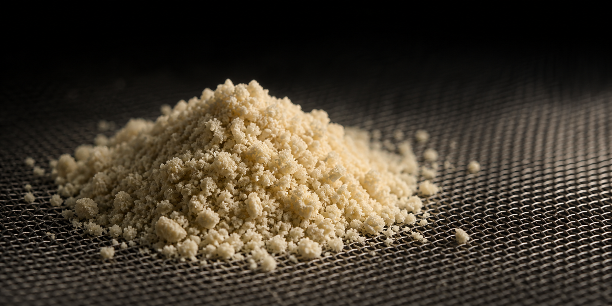 Pale freeze-dried hash sifted on fine mesh