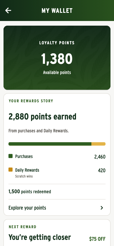 GC Connect wallet showing an example points balance, rewards story, and next reward